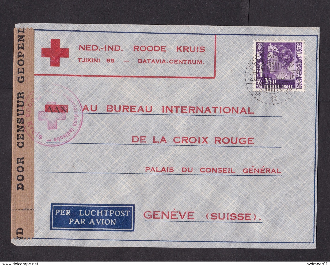 Dutch Indies: Airmail Cover To Switzerland, 1940, 1 Stamp, Red Cross, Censored, Censor Tape, WW2 (traces Of Use) - Nederlands-Indië