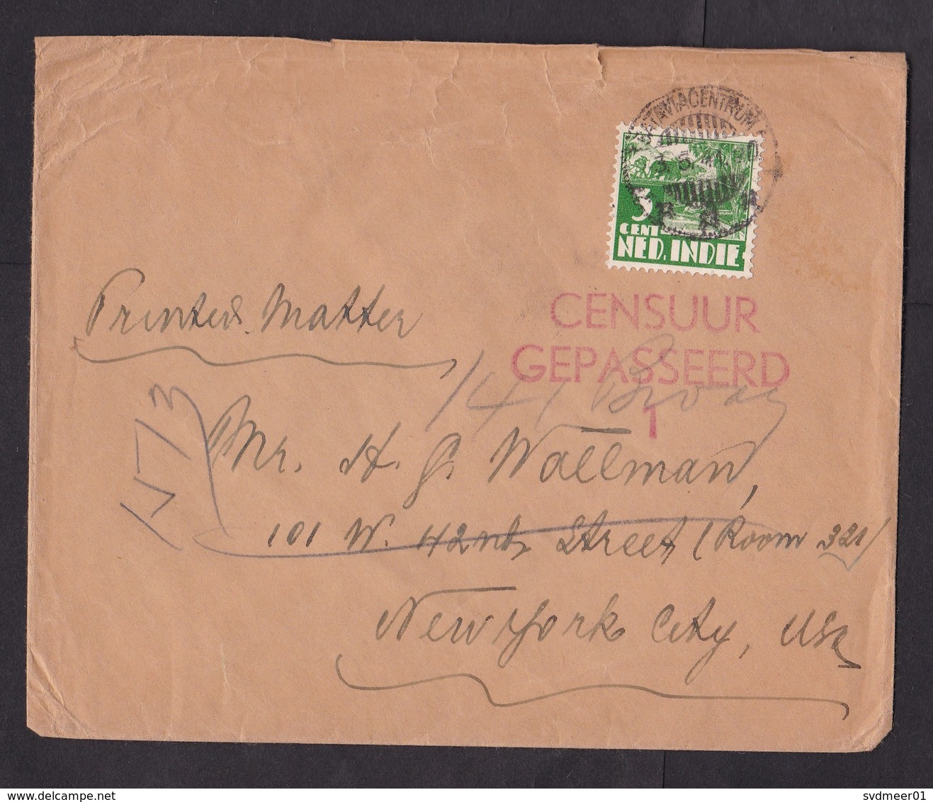 Dutch Indies: Cover To USA, 1941, 1 Stamp, Censored, Red Censor Cancel, WW2, Forwarded (creases) - Nederlands-Indië