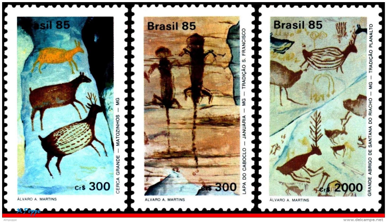 Ref. BR-1998-00 BRAZIL 1985 - CAVE PAINTING, ROCK ART,, DEER, SET MNH, ART 3V Sc# 1998-2000 - Unused Stamps