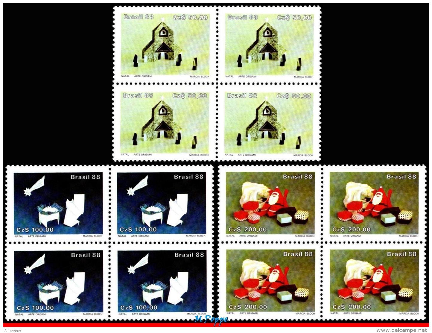 Ref. BR-2153-55-Q BRAZIL 1988 CHRISTMAS, RELIGION, ORIGAMI ART,, MI# 2271-73, BLOCKS MNH 12V Sc# 2153-2155 - Blocks & Sheetlets
