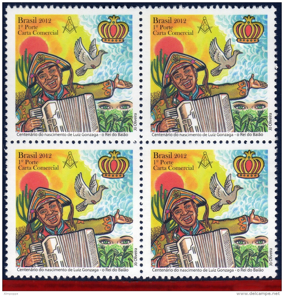 Ref. BR-3236-Q BRAZIL 2012 FAMOUS PEOPLE, LUIZ GONZAGA, SINGER,, BIRD, MUSIC, MASONRY, BLOCK MNH 4V Sc# 3236 - Francmasonería