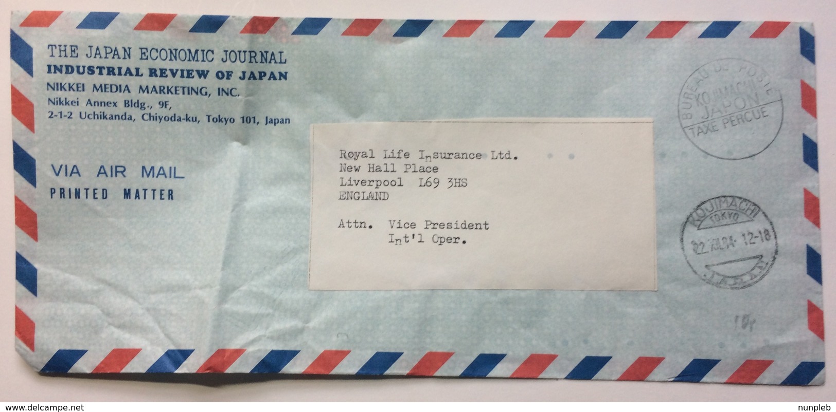 JAPAN - Air Mail Cover 1984 Tokyo To Liverpool With Taxe Percue Cachet And Kojimachi Postmark - Airmail