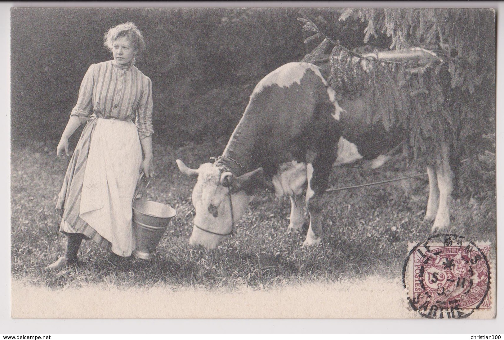 CARTE PHOTO D'UNE VACHE LAITIERE ET DE LA FERMIERE - ECRITE DU MANS EN 1903 - 2 SCANS - - Fermes