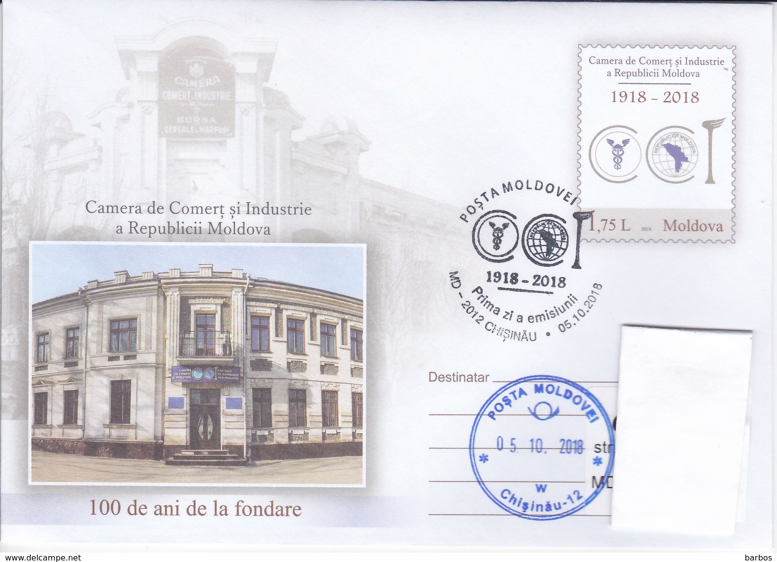 2018  , Moldova Moldavie Moldau , 100y Of The Chamber Of Commerce & Industry Of Moldova , Pre-paid Envelope - Moldova