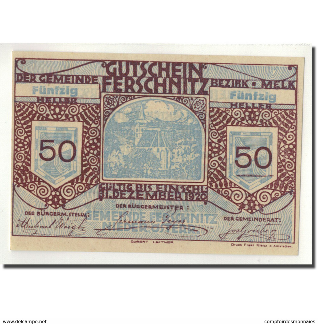 Billet, Autriche, Ferschnitz, 50 Heller, Eglise, 1920, 1920-04-05, SPL - Oesterreich