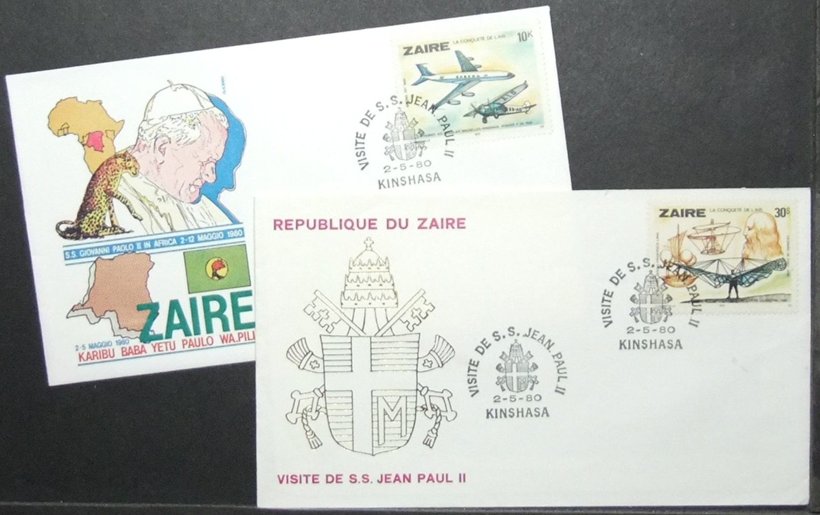 Zaire - Cover Lot (2) Aviation Pope John Paul II Leonardo Da Vinci 1980 - Papas