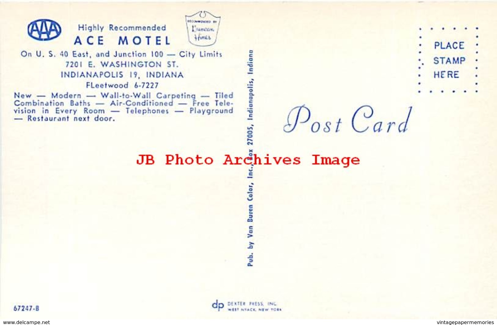 259395-Indiana, Indianapolis, Ace Motel, US Highway 40, Van Buren By Dexter Press No 67247-B - Indianapolis