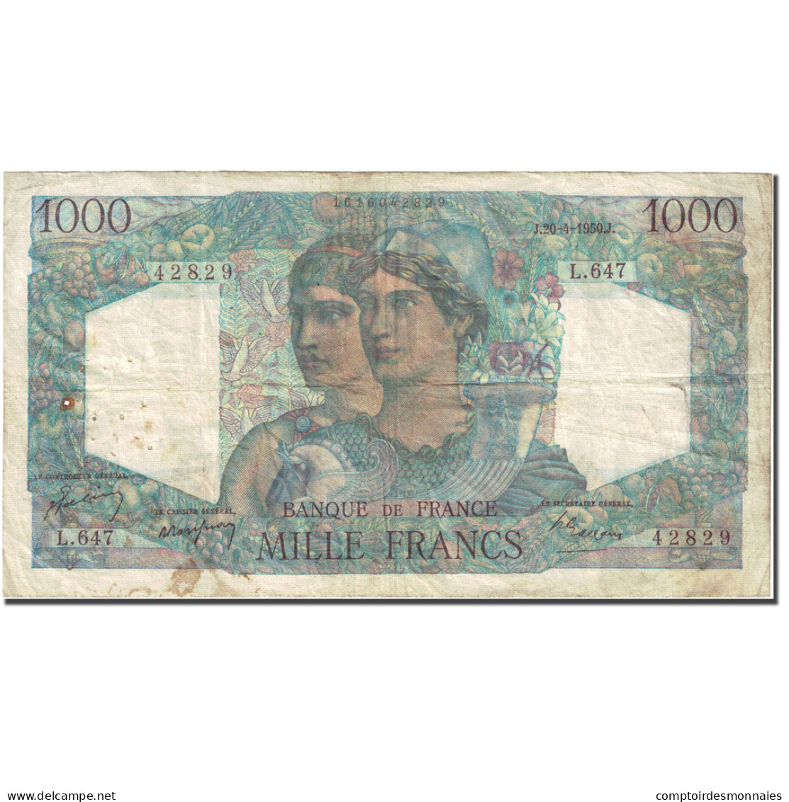 France, 1000 Francs Minerve Et Hercule 1945, 1950-04-20 Fay 41.32 Km 130b - 1 000 F 1945-1950 ''Minerve Et Hercule''