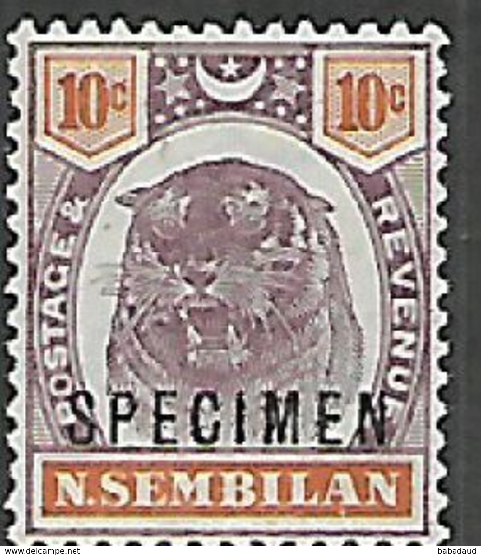 Negri Sembilan, 1895 -99, Tiger, 10 Cents, Opt SPECIMEN, MNH ** - Negri Sembilan