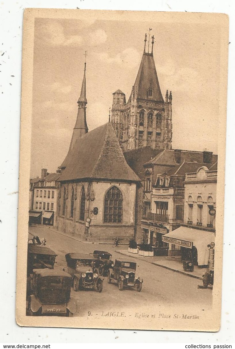 Cp , Automobile ,  61 ,  L'AIGLE ,  église Et Place SAINT MARTIN ,  écrite 1935 ,ed. Artaud - Turismo