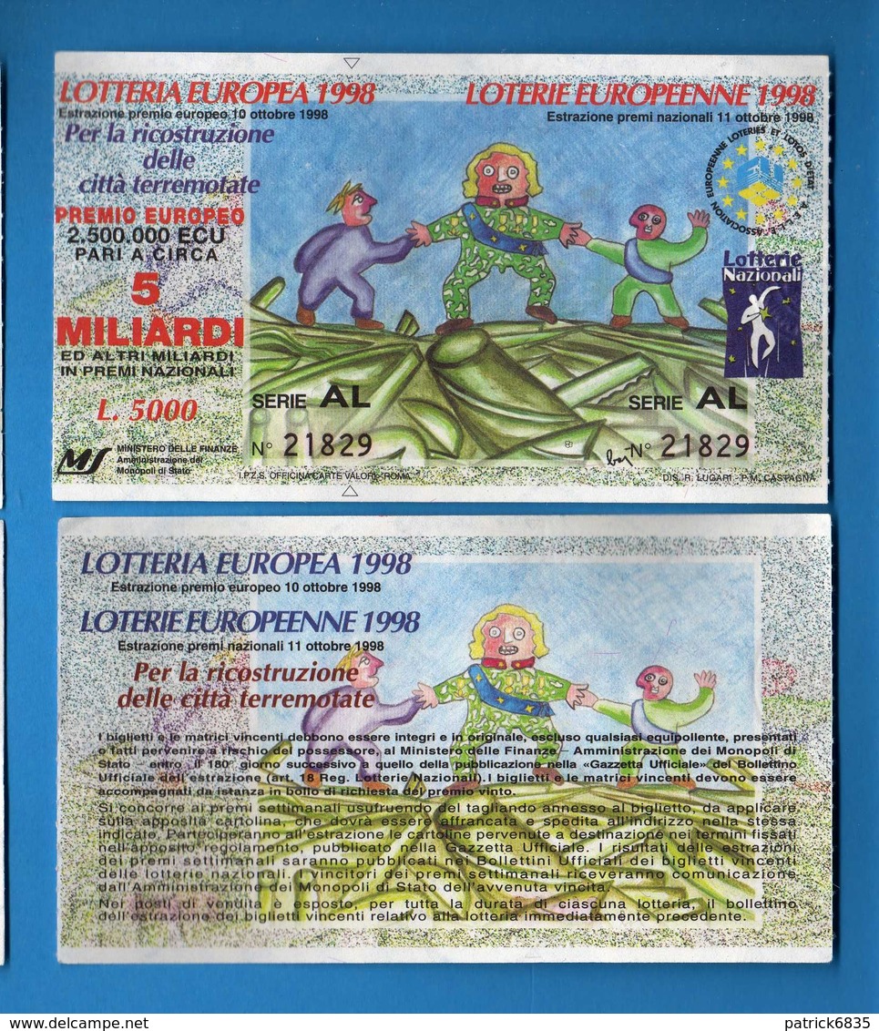 Lotteria EUROPEA Per Le Città Teremotate  1998, SERIE AL. 21829. Vedi Descrizione. - Biglietti Della Lotteria