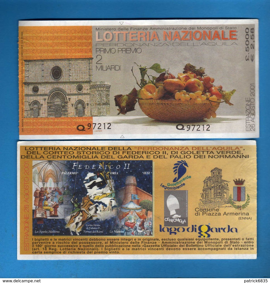 Lotteria Nazionale PERDONANZA Dell'AQUILA Estrazione 26 Agosto 2001 SERIE Q.97212 . Vedi Descrizione. - Biglietti Della Lotteria