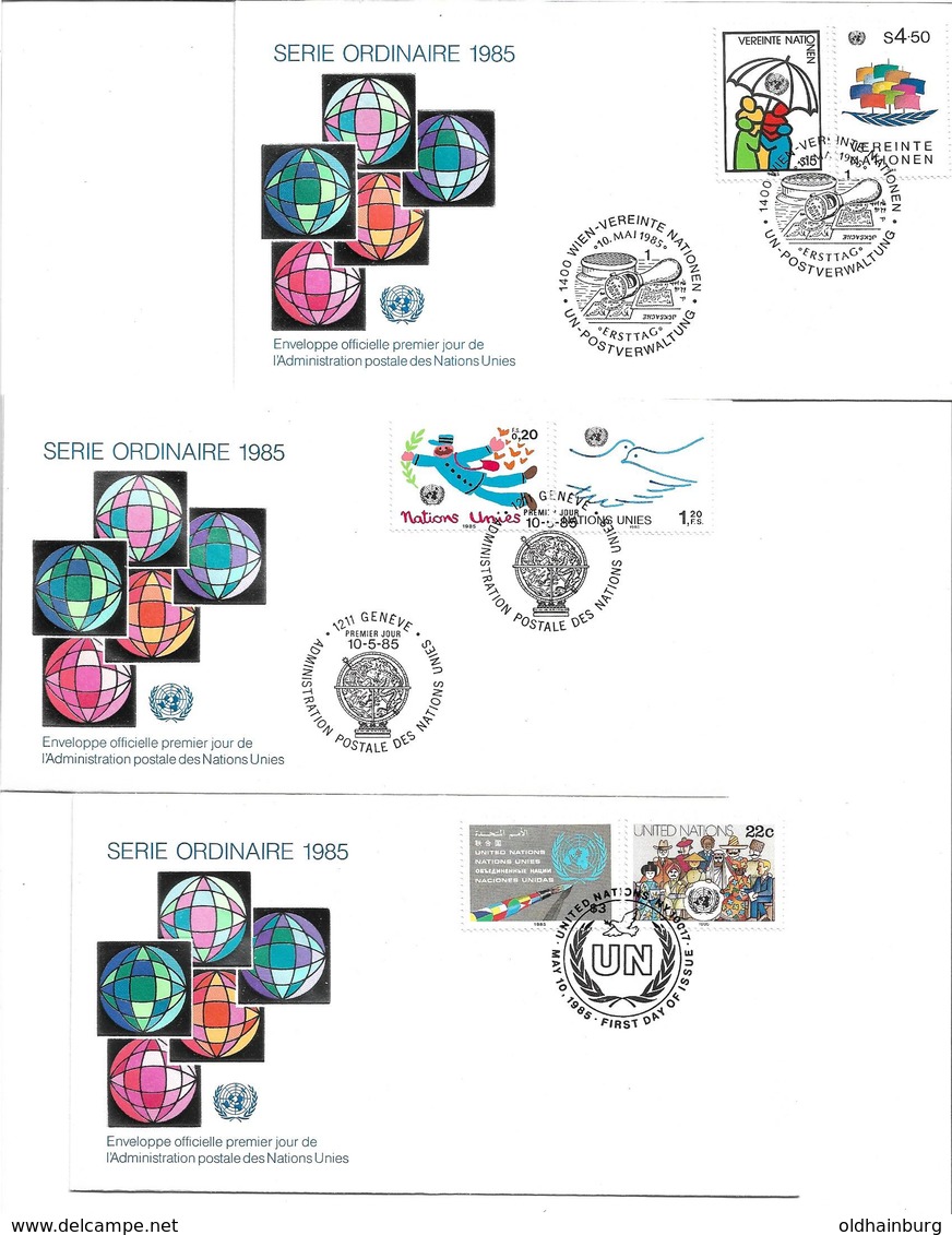 1602q: UNO- Freimarken- FDCs 1985 Alle 3 Postverwaltungen - Brieven En Documenten