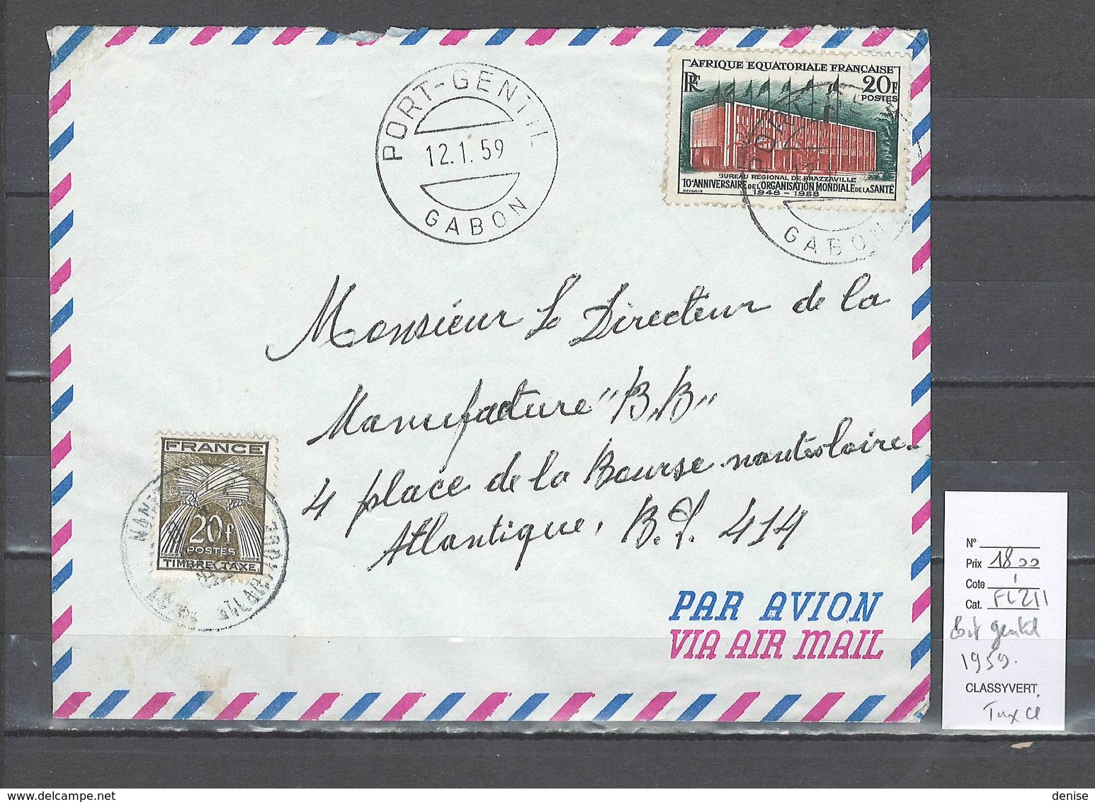 Gabon  - Cachet De Port Gentil - 1959 - Taxée - Marcophilie AEF - - Lettres & Documents