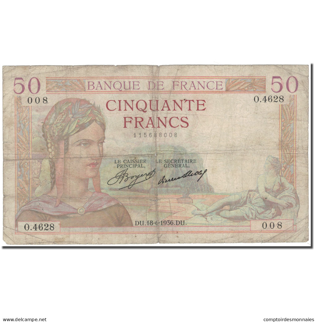 France, 50 Francs, 50 F 1934-1940 ''Cérès'', 1936-06-18, B, Fayette:17.27 - 50 F 1934-1940 ''Cérès''