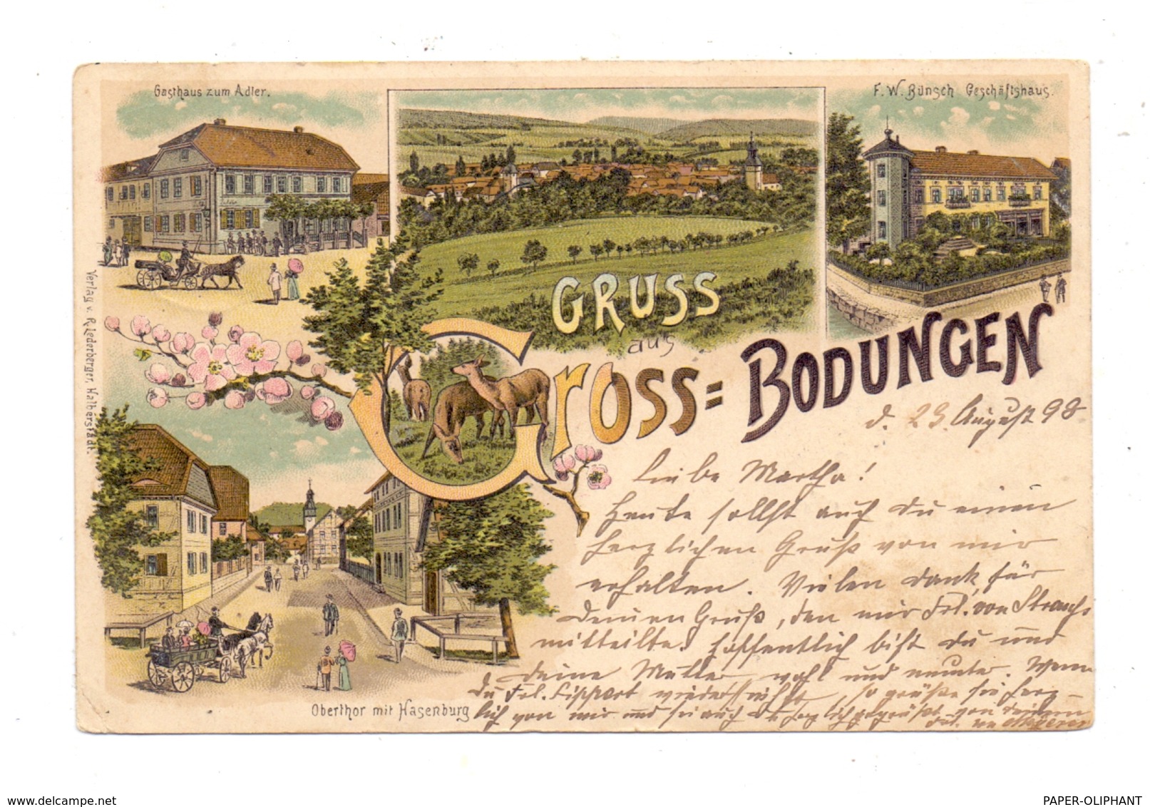 0-5601 AM OHMBERG - GROSSBODUNGEN / Eichsfeld, Lithographie 1898, Gasthaus Zum Adler, Geschäftshaus Bünsch, Oberthor - Heiligenstadt
