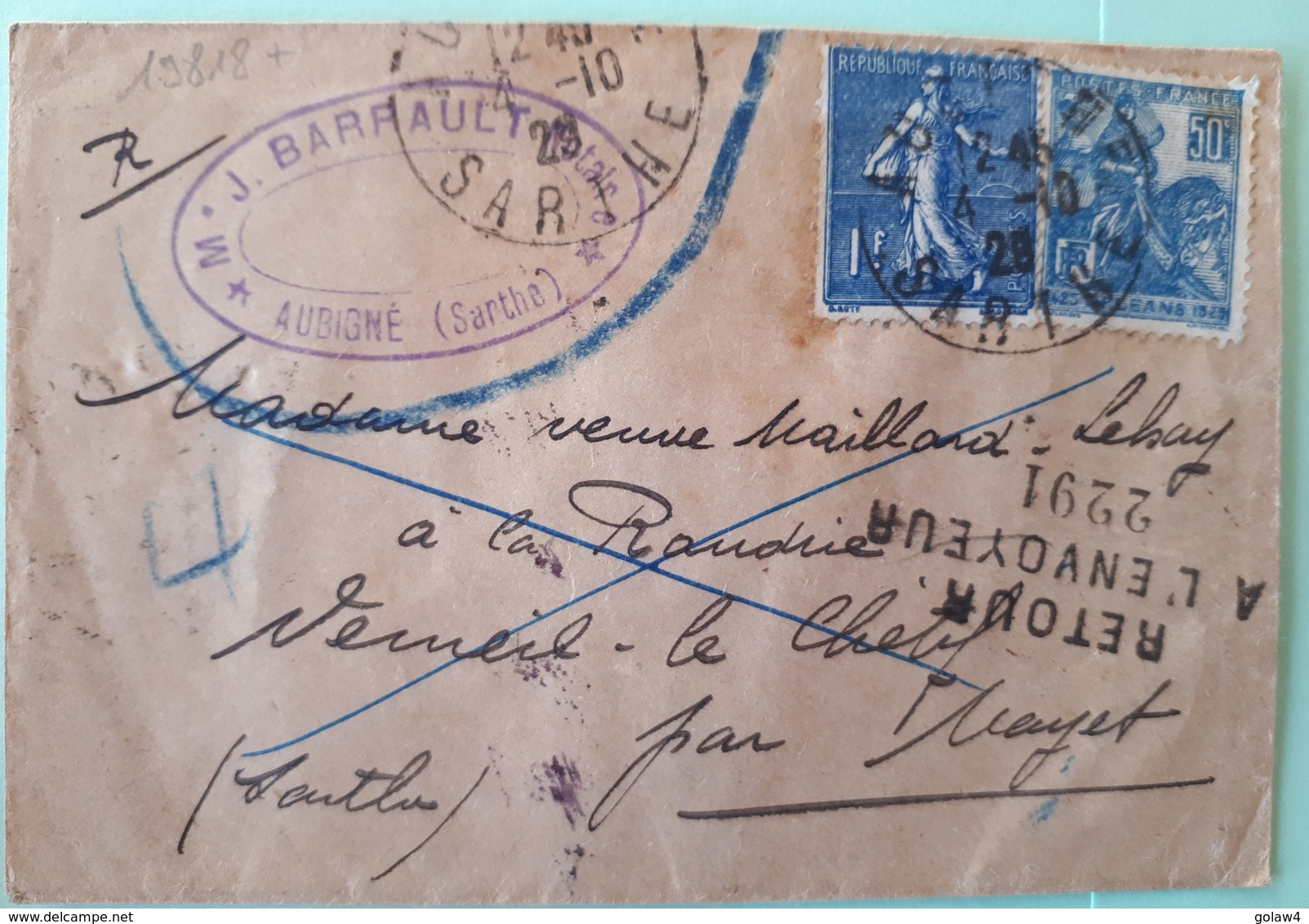 19818# LETTRE RECOMMANDE REFUSE DE SIGNER Obl AUBIGNE SARTHE 1929 Pour MAYET + RETOUR A L' ENVOYEUR 2291 - 1921-1960: Modern Period