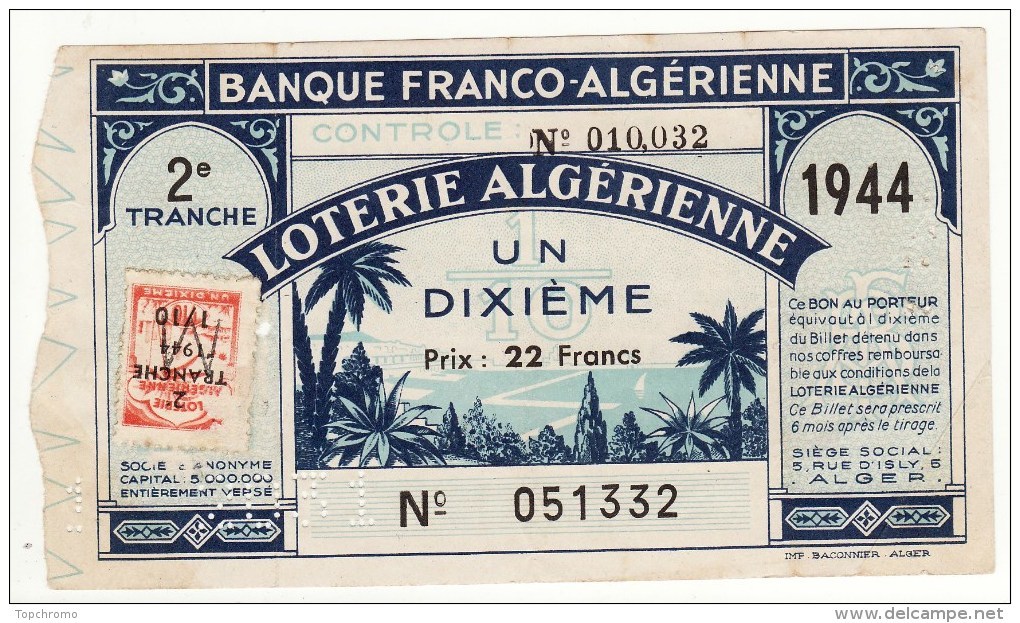 Billet De Loterie Algérienne Banque Franco-Algérienne 1944 - Billets De Loterie