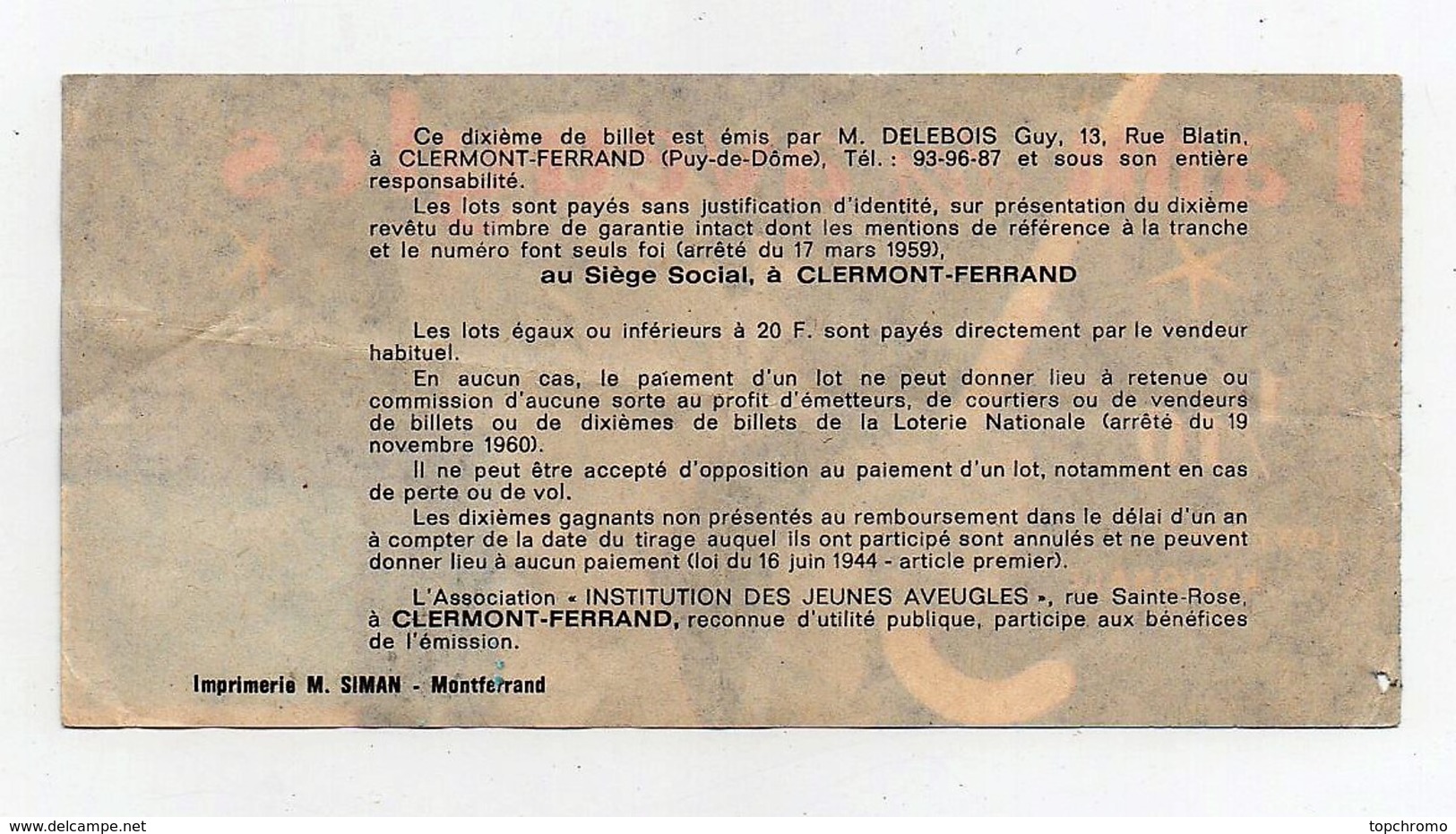 Billet De Loterie Nationale L'ami Des Aveugles Timbre 1965 Orléans - Billets De Loterie