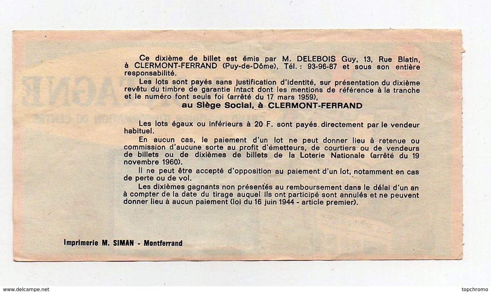 Billet De Loterie Nationale La Montagne Grand Quotidien D'information Du Centre Timbre 1965 Orléans - Billets De Loterie