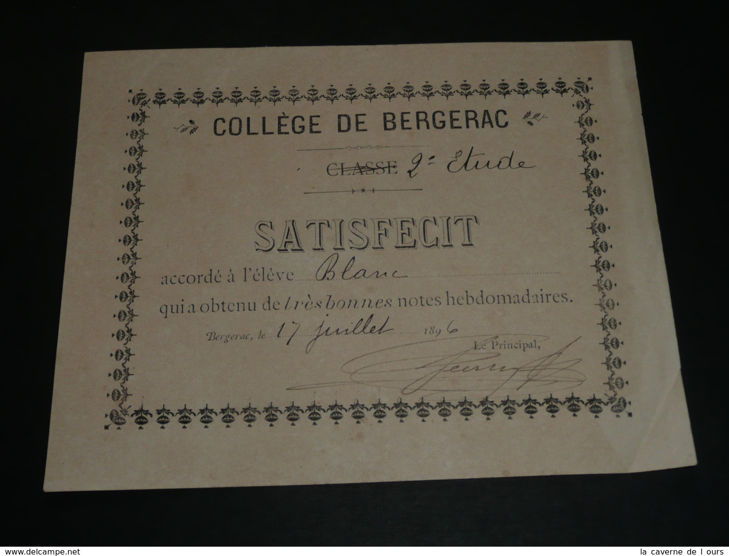 Lot 3 Documents Anciens 1896 SATISFECIT, Collège De BERGERAC 24, Bon Point, Bons Points - Diplômes & Bulletins Scolaires