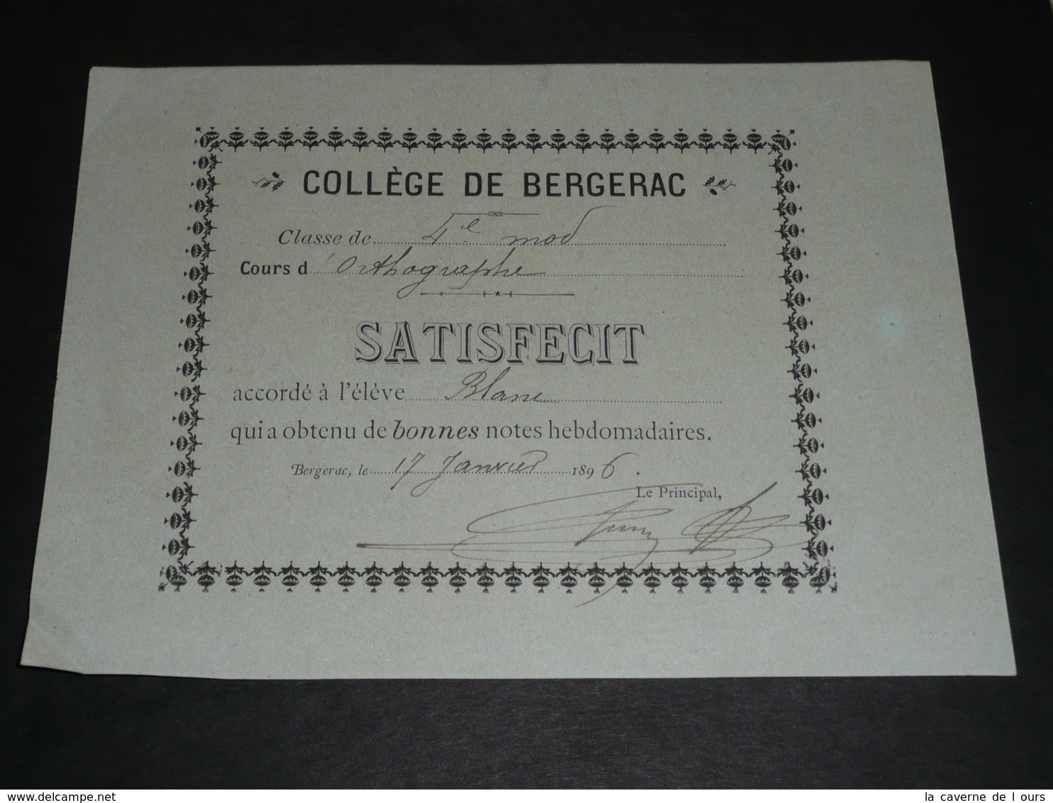 Lot 3 Documents Anciens 1896 SATISFECIT, Collège De BERGERAC 24, Bon Point, Bons Points - Diplômes & Bulletins Scolaires