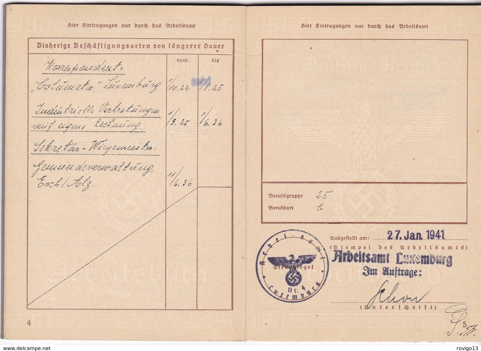 Luxembourg, Livret De Travail De L'occupation Allemande De Janvier 1941 - Sonstige & Ohne Zuordnung