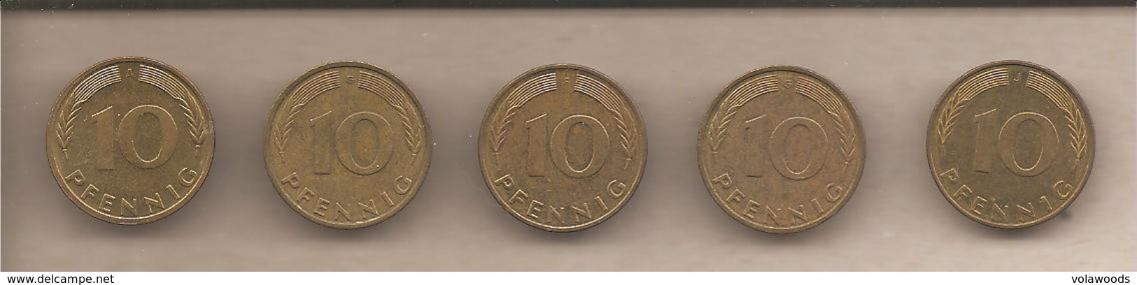 Germania - Serie Completa Da 5 Monete Circolate Da 10 Pfennig Di Tutte Le Zecche - 1991 - 10 Pfennig