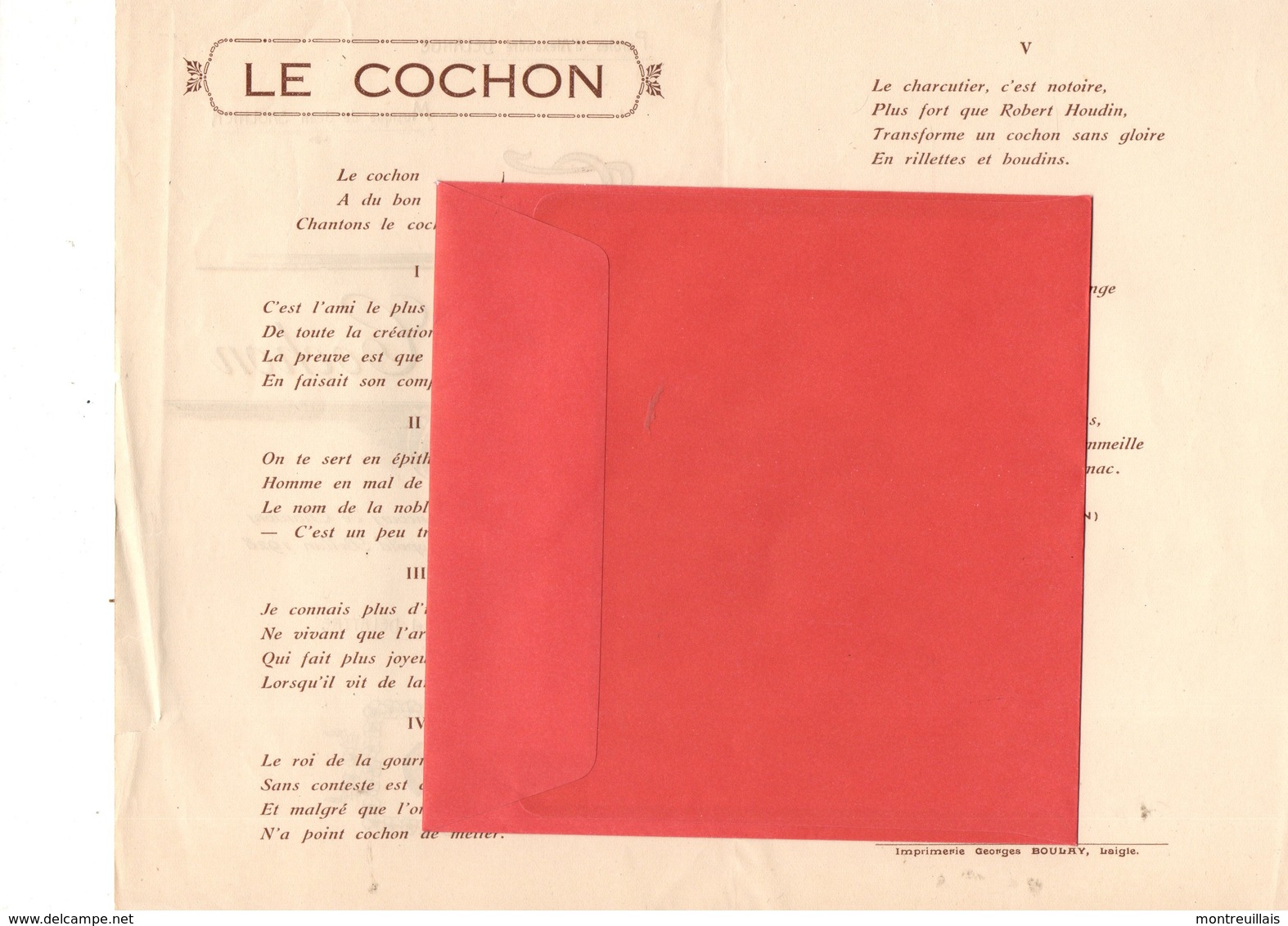 Chanson Sur Le Cochon Par A. DELANGE, Musique J. SAULNIER, 1 Feuillet 21 X 29.7, Coupure 1 Cm Et Pli Bord Droite - Partitions Musicales Anciennes