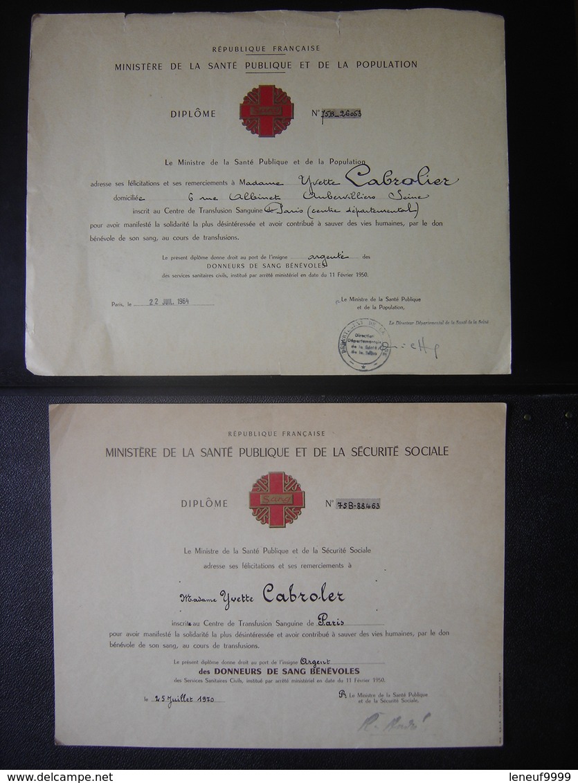 LOT Diplome Santé Publique Donneurs De Sang Bénévoles Argent 1964 Et 1970 PARIS - Diplômes & Bulletins Scolaires