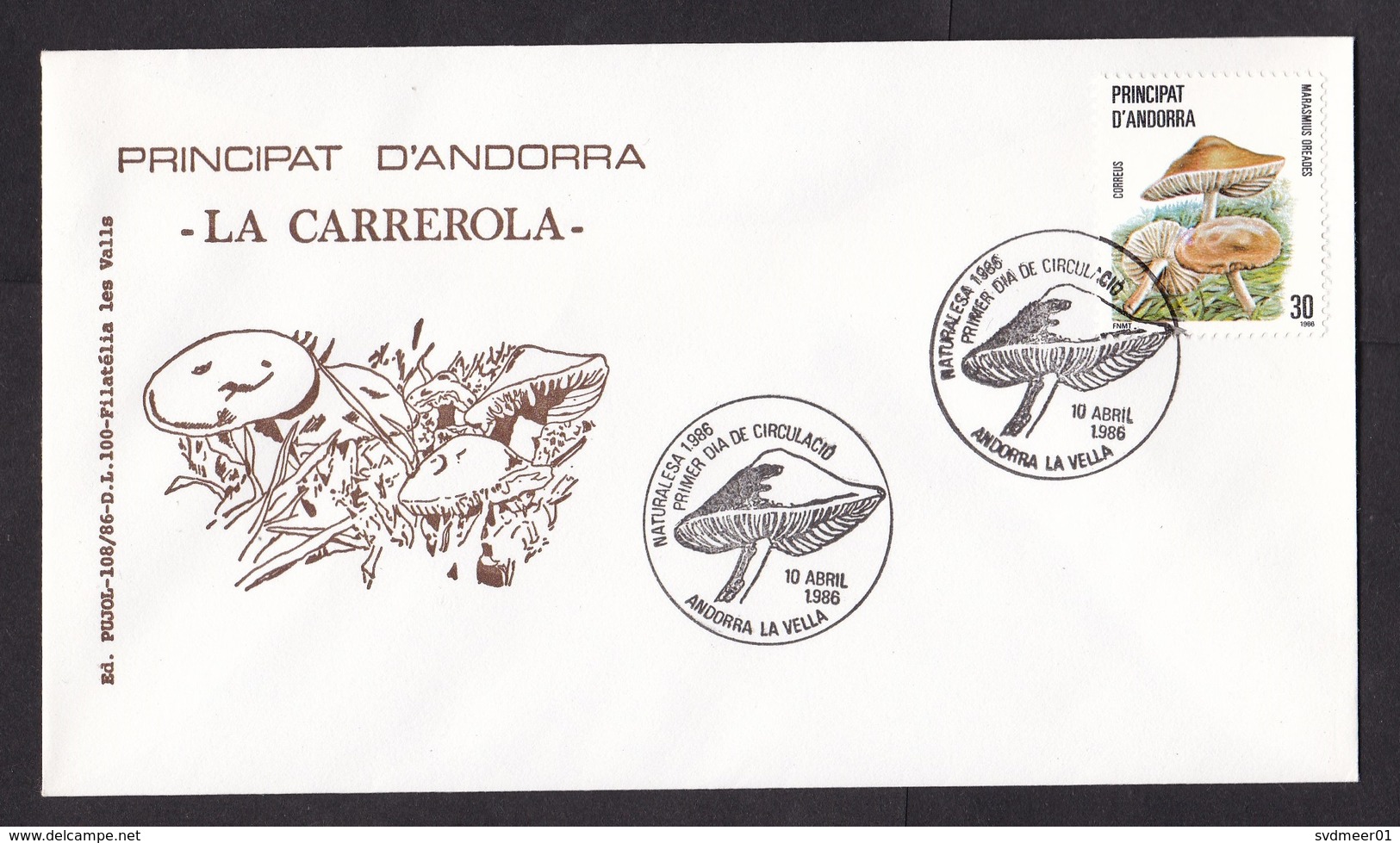 Andorra: FDC First Day Cover, 1986, 1 Stamp, Mushroom, Fungus (traces Of Use) - Brieven En Documenten