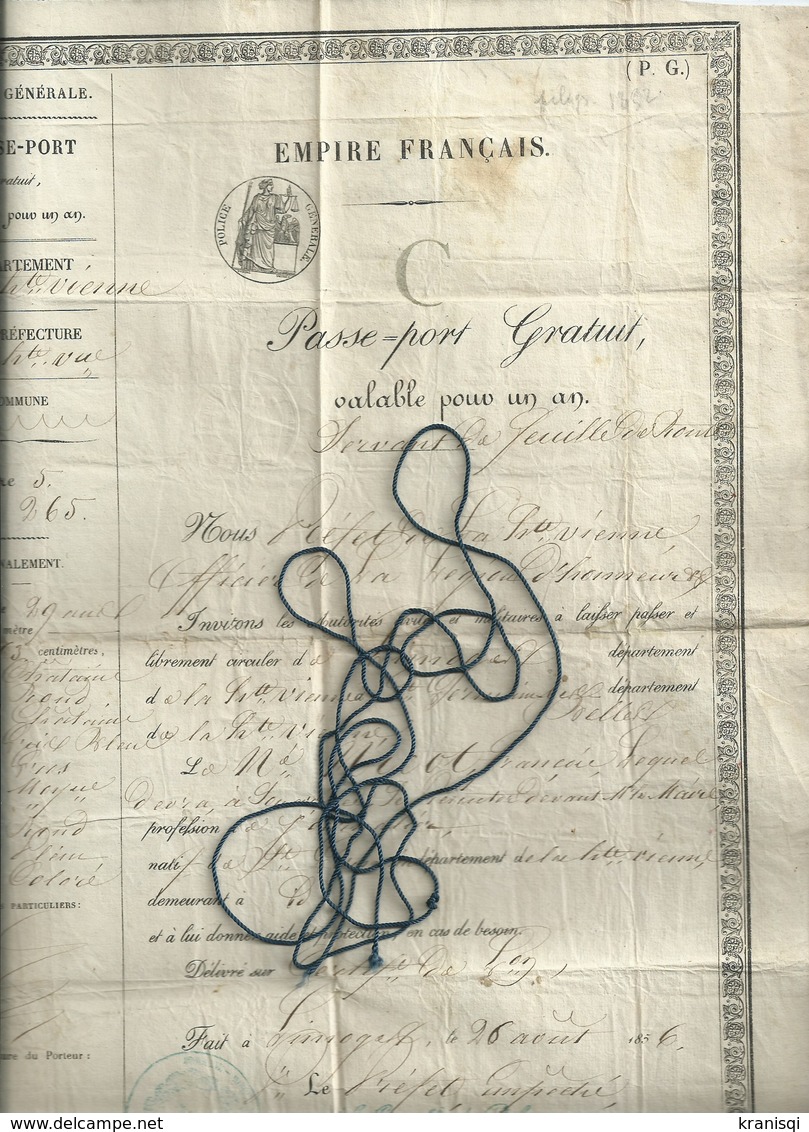 87   Passeport Sous  L'empire Français  ,  Haute Vienne ,  Année 1856 - Autres & Non Classés