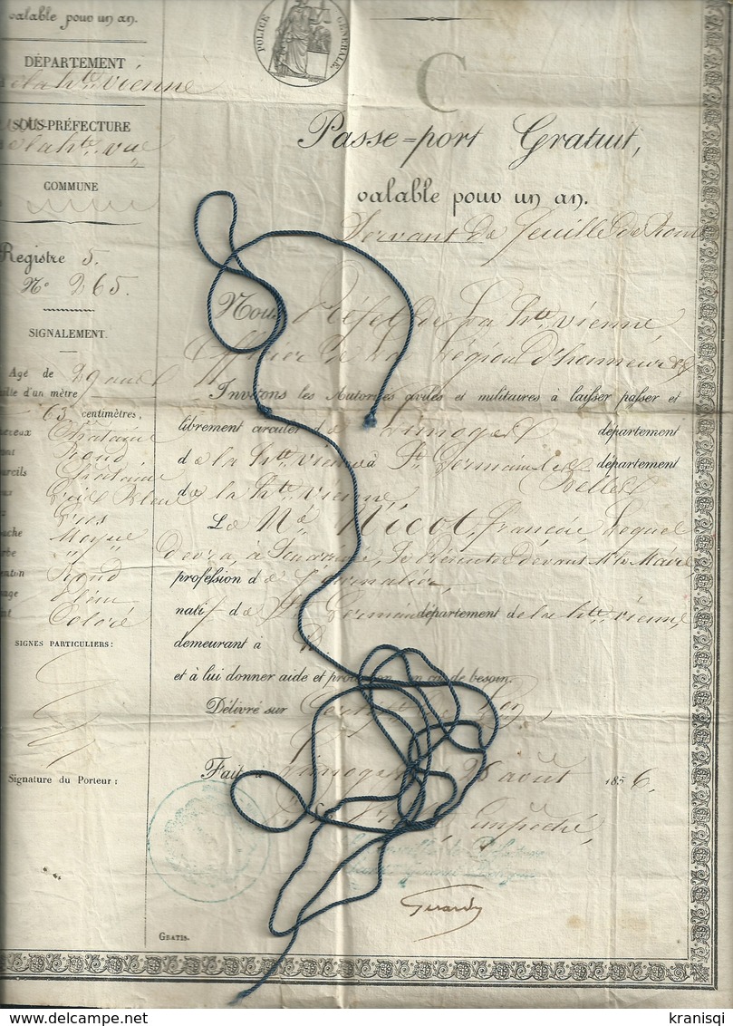 87   Passeport Sous  L'empire Français  ,  Haute Vienne ,  Année 1856 - Autres & Non Classés