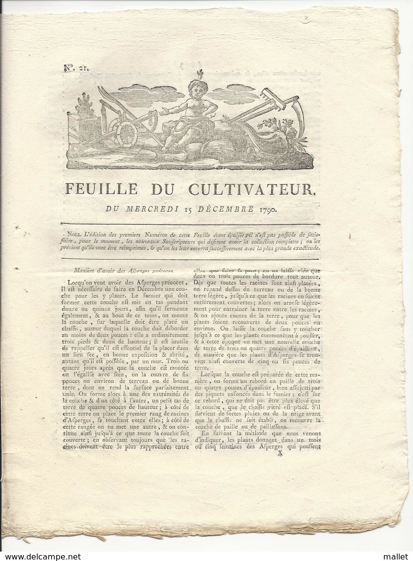 Feuille Du Cultivateur N°21 - 15 Décembre 1790 - Document De 4 Pages - état Correct - Journaux Anciens - Avant 1800