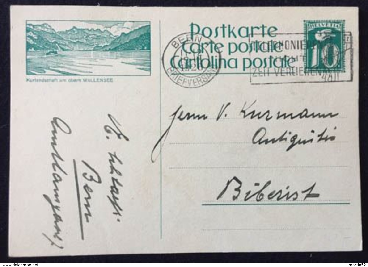 Schweiz Suisse 1928: Bild-PK / CPI "Kurlandschaft Am Oberen WALLENSEE" Mit Stempel BERN 19.III.1928 Nach Biberist - Interi Postali