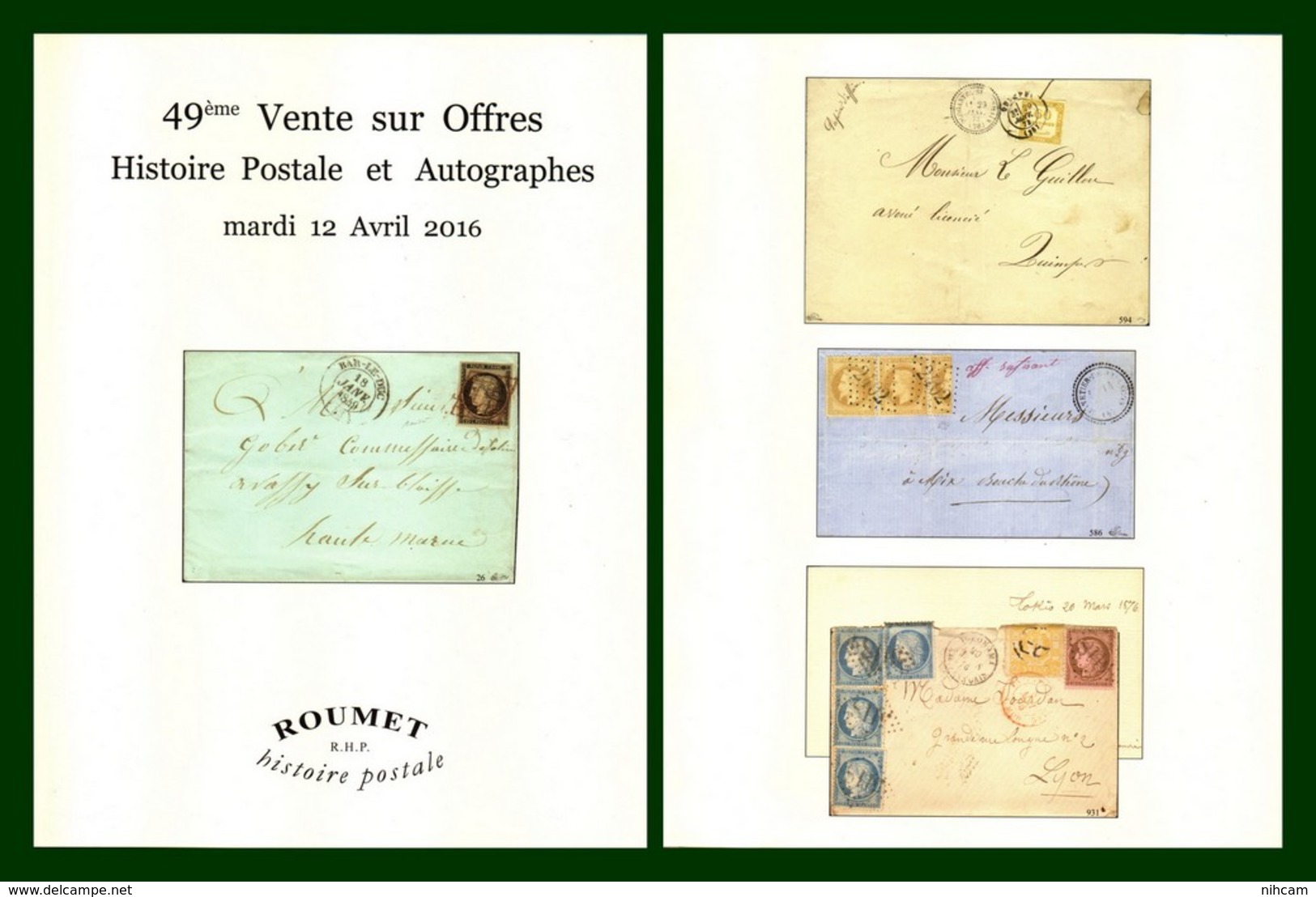 Catalogue 49éme Vente Sur Offres Roumet 2016 Histoire Postale Et Autographes - Catalogues For Auction Houses