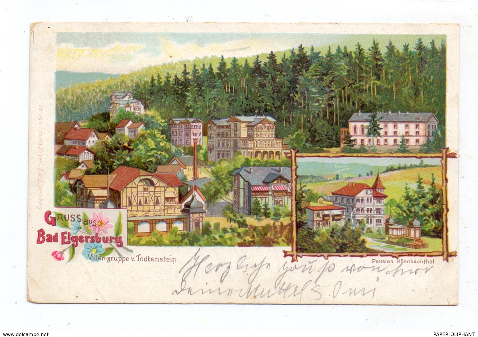 0-6303 BAD ELGERSBURG, Lithographie, Pension Körnbachtal, Villengruppe V. Todtenstein, Kl. Druckstelle - Elgersburg