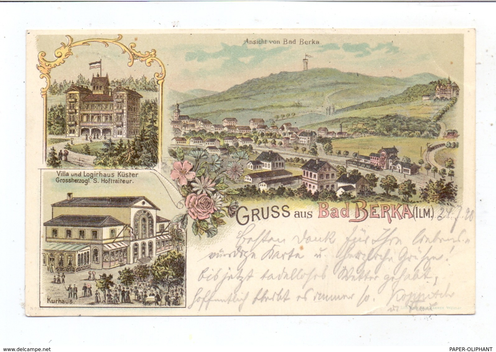 0-5302 BAD BERKA, Lithographie 1898, Villa Und Logierhaus Küster, Kurhaus, Gesamtansicht Mit Bahnhof - Bad Berka