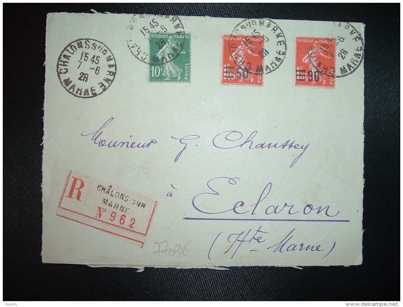 DEVANT LR TP SEMEUSE 1f05 Surch. 90c X2 + SEMEUSE 10c OBL.7-6 28 CHALONS SUR MARNE MARNE (51) - 1921-1960: Modern Period