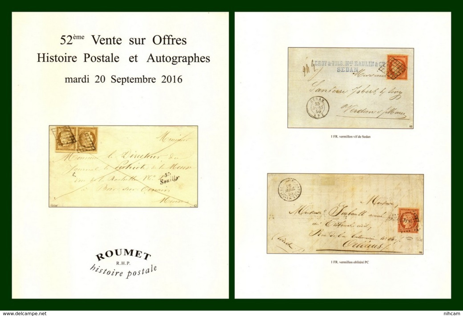Catalogue 52éme Vente Sur Offres Roumet 2016 Histoire Postale Et Autographes - Catalogues De Maisons De Vente