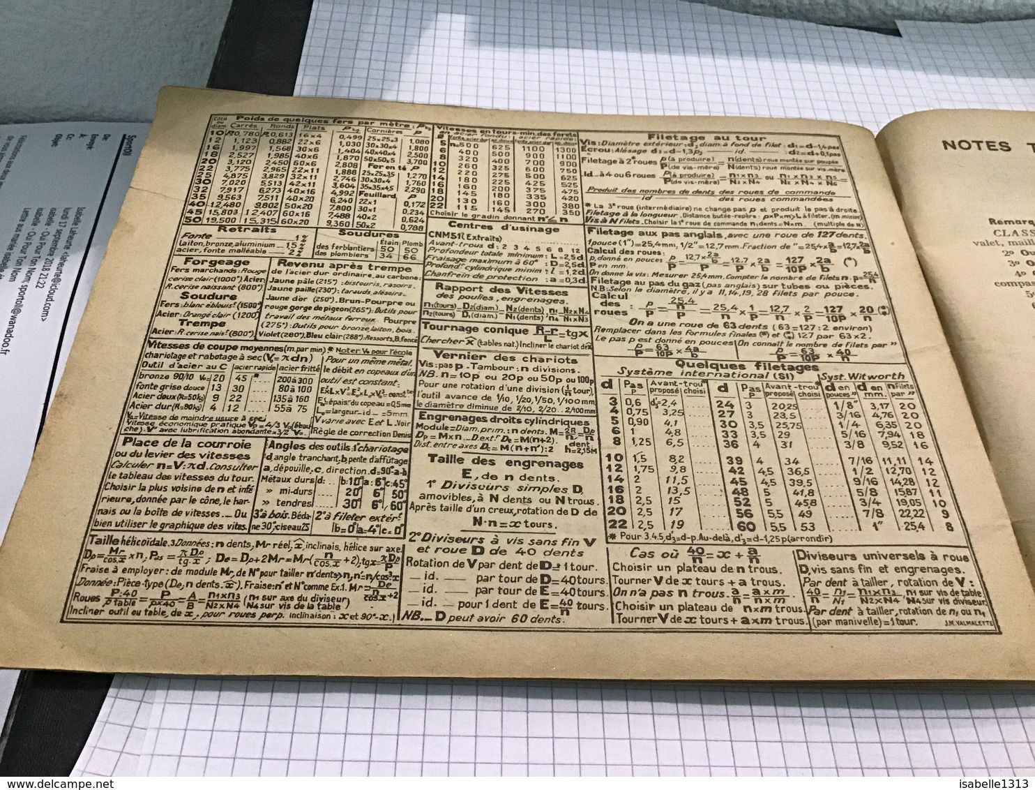 Enseignement  technique Victor Hugo Marseille carnet d’atelier outillage mise à la disposition de l’élève ajustage