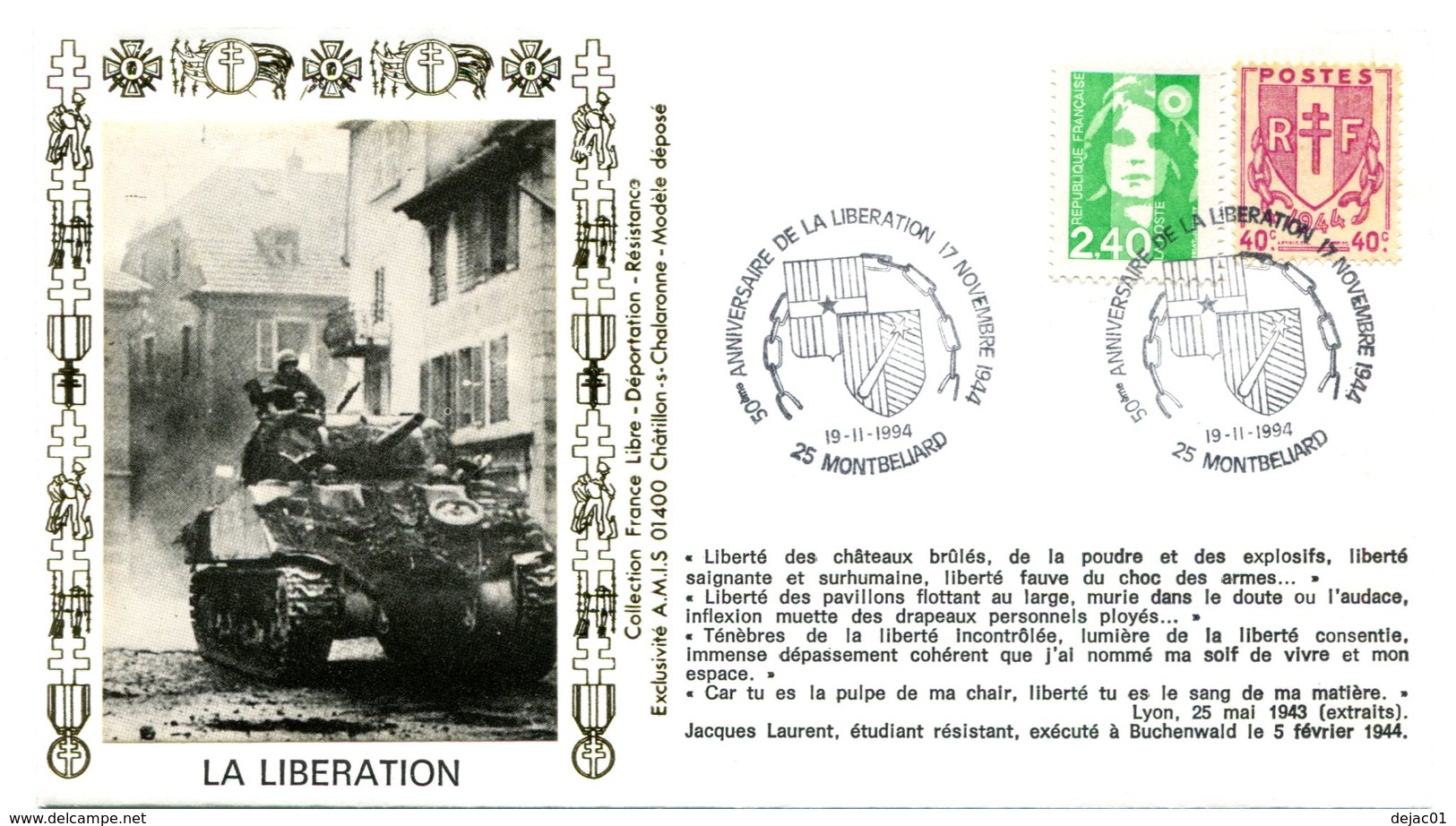 Bureau Temporaire Montbéliard Du 19 Novembre 1994 - Anniversaire Libération - X 820 - Guerre Mondiale (Seconde)