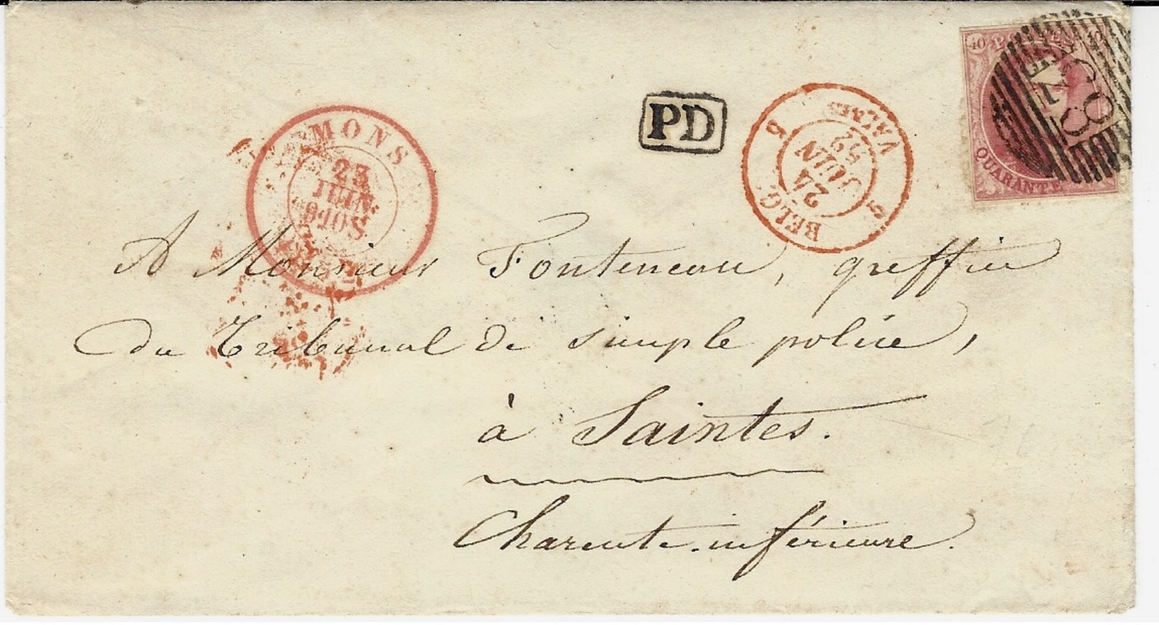 1862- Enveloppe De MONS  Affr. Y & T N°12  ( 4 Marges ) Oblit. N°83 Pour Saintes ( Charente Maritime ) - 1858-1862 Medallions (9/12)