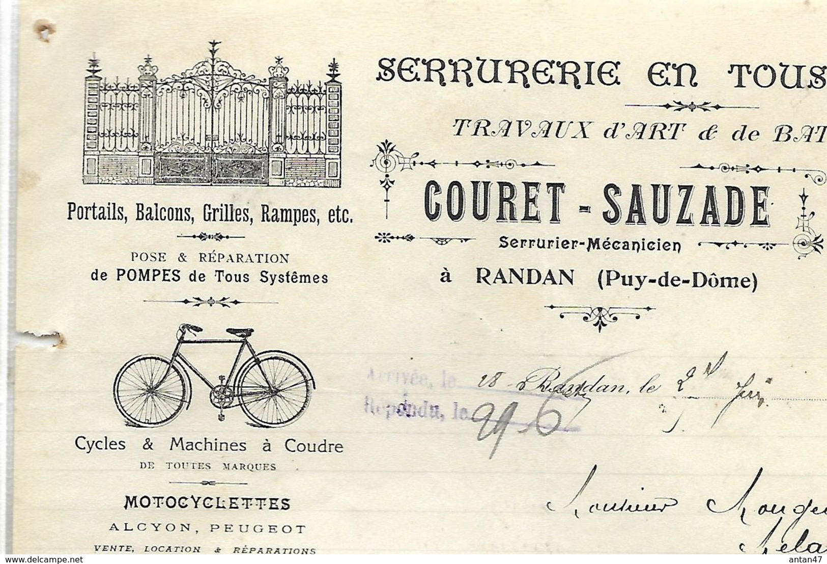 Facture 1914 / 63 RANDAN Serrurerie COURET-SAUZADE / Cycles ALCYON, PEUGEOT / Dépôt Lampe OSRAM - 1900 – 1949