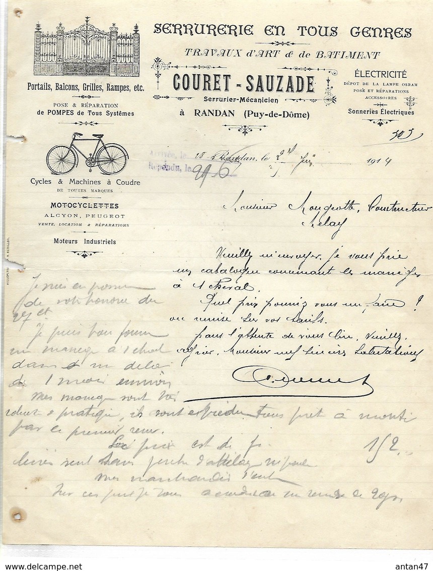 Facture 1914 / 63 RANDAN Serrurerie COURET-SAUZADE / Cycles ALCYON, PEUGEOT / Dépôt Lampe OSRAM - 1900 – 1949