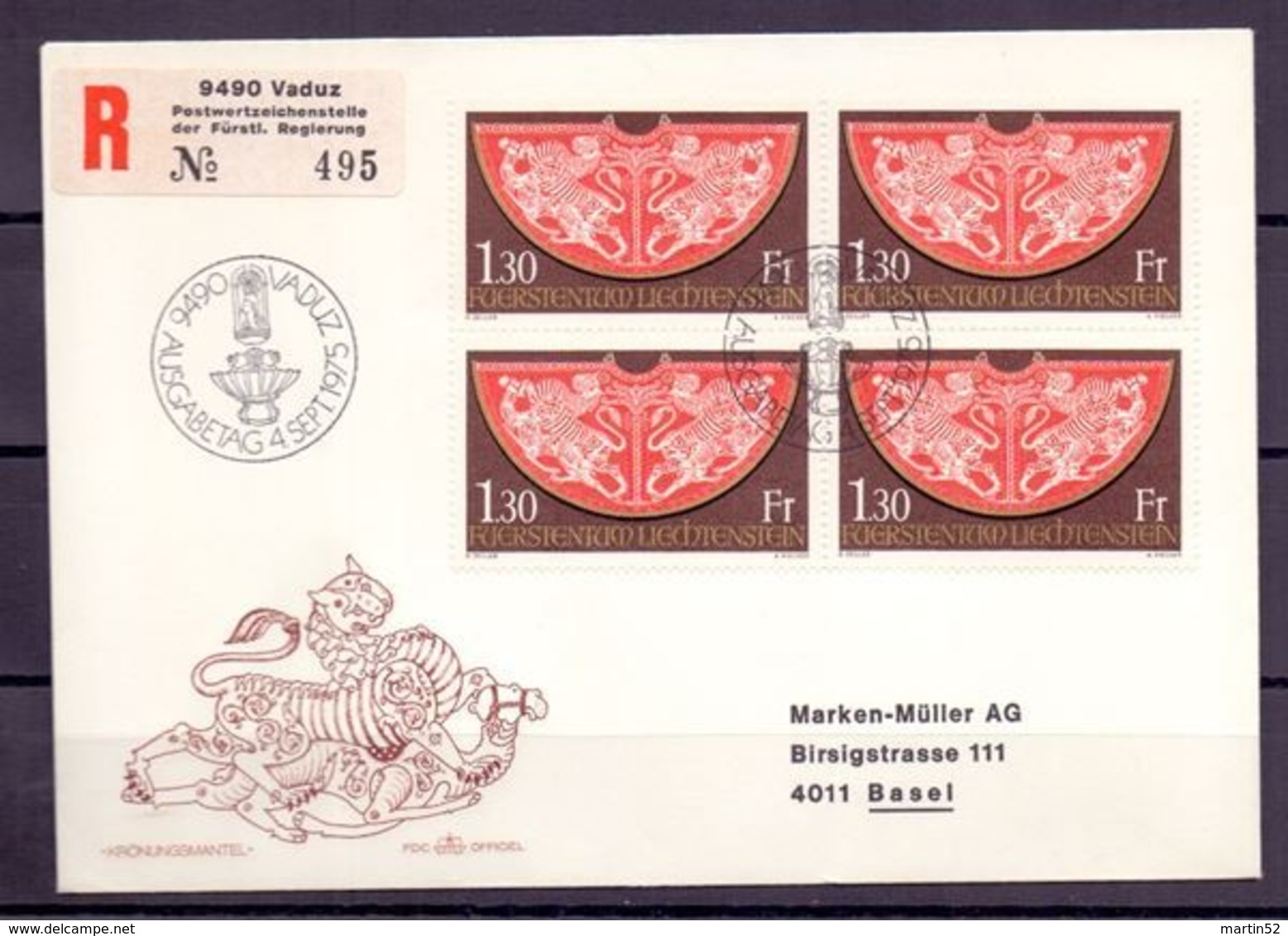 Liechtenstein 1975: "Reichskleinodien II Krönungsmantel"  Zu 571 Mi 634 Yv 577 Auf R-FDC (Zu CHF 14.00 Für O) - Textile