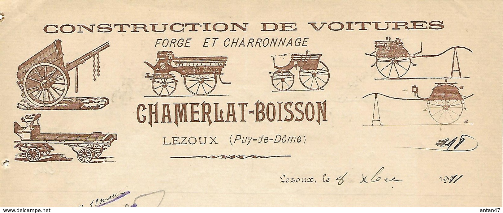 Facture 1911 / 63 LEZOUX Construction De Voitures CHAMBERLAT-BOISSON / Forge, Charronnage - 1900 – 1949