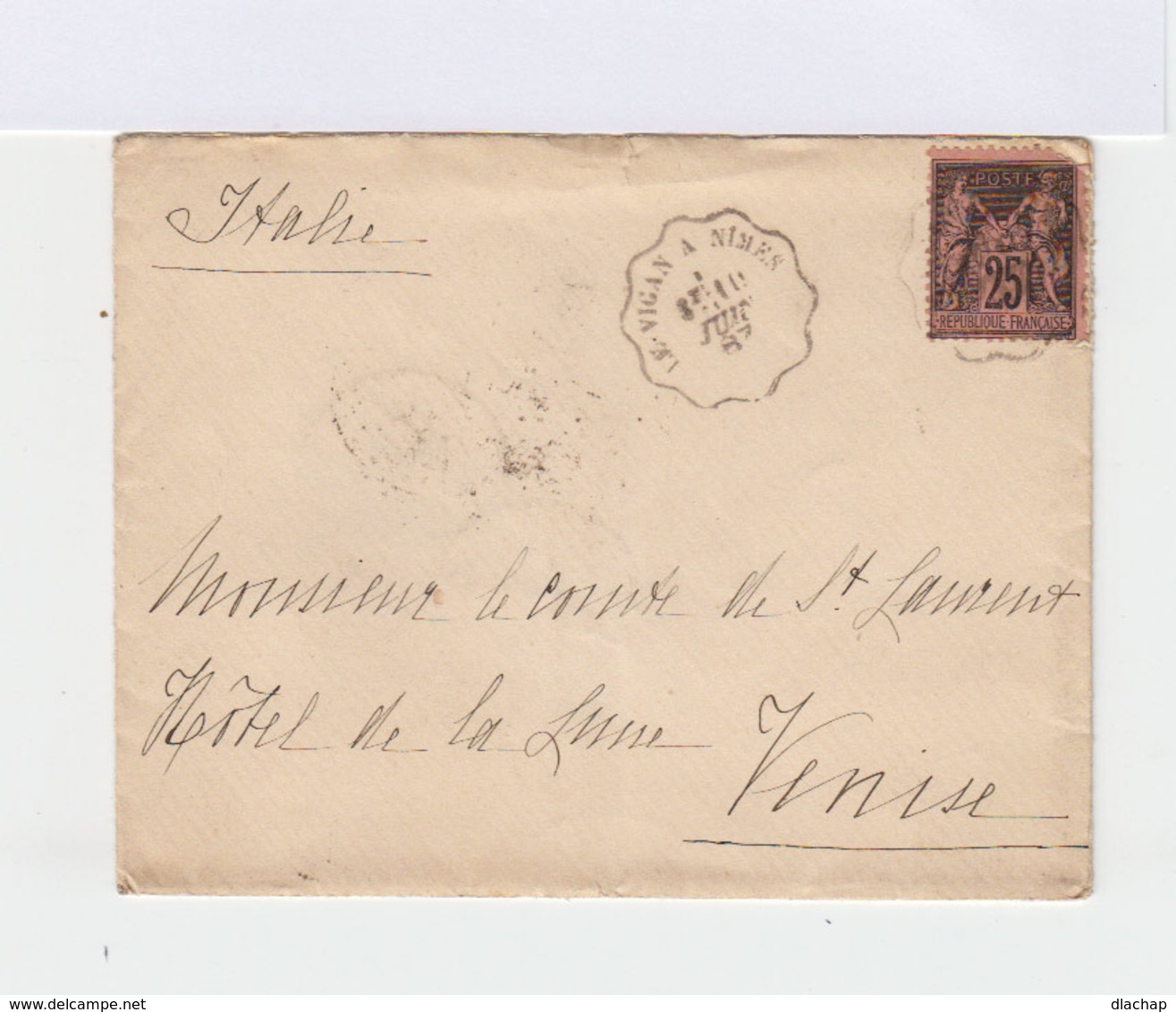 Sur Enveloppe Type Sage 25 C. Noir Et Rose. Cachets Ambulants Le Vigan à Nîmes Et Modane Turin  1887. CAD Venezia. (728) - Poste Ferroviaire