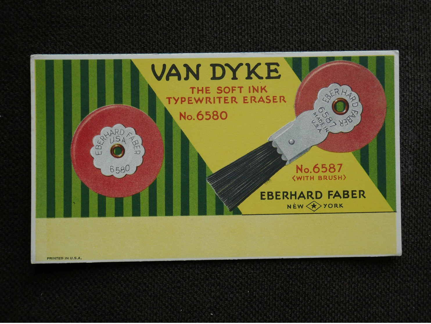 BUVARD  BLOTTER.  Publicité. EBERHARD FABER. New York.   VAN  DYKE. Soft Ink Typewriter Eraser With Brush - Autres & Non Classés