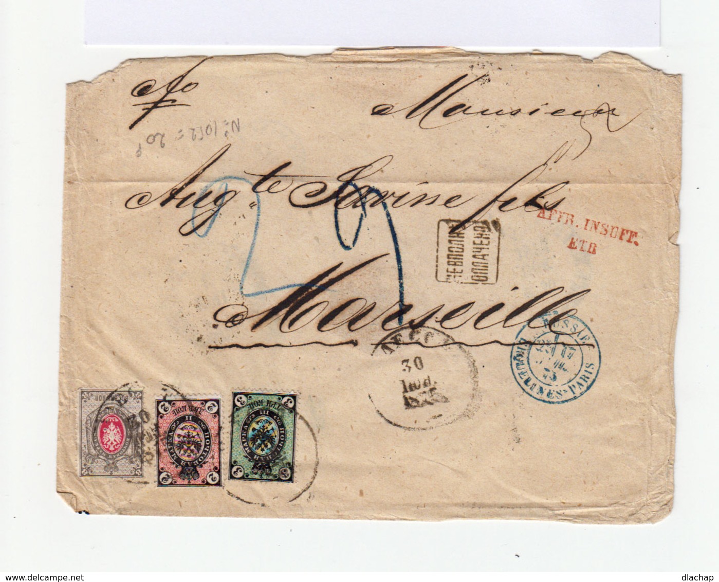 Sur Enveloppe Trois Timbres Empire Russe Armoiries.  CAD Odessa 1875. Cachet Bleu Russie Erquelines Paris. (731) - Machines à Affranchir (EMA)